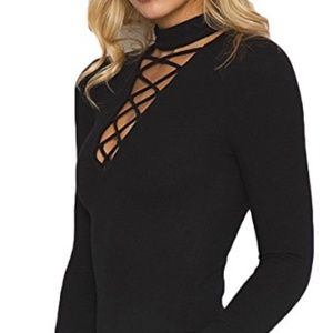 Black V Neck Lace Up Bodysuit